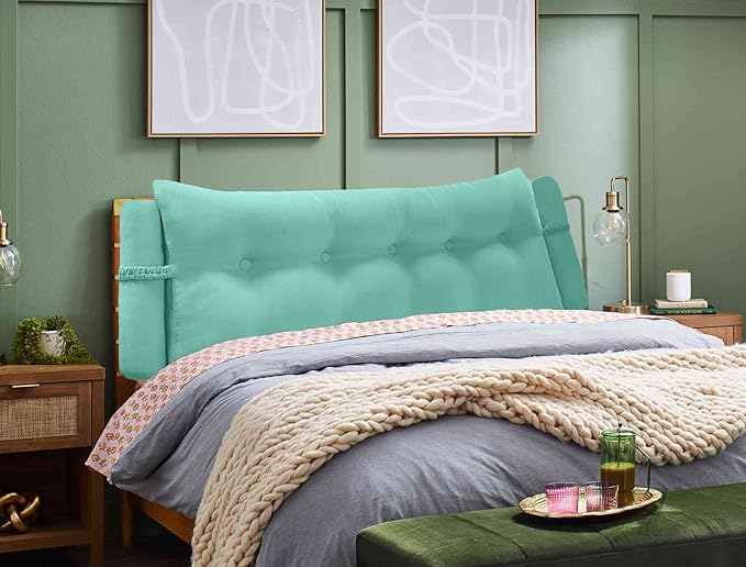 Triangular Reading Bed Rest Pillow Large Bolster Cushion Headboard Backrest Wedge Pillow with Two Detachable Roll Pillows for Neck & Lumbar Support (Turquoise, Queen: 59 x 8 x 20 inches)