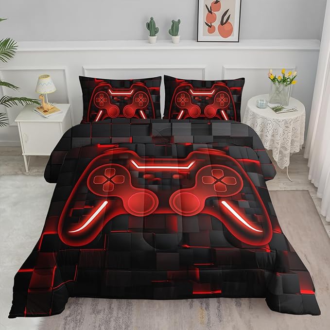 Axolotl Gamepad Comforter Set Queen Size,Red Grid Print Bedding Set,Boys Gaming Console Comforter Set,Video Gaming Controller Bedding Set for Teens Men Adults,1 Quilt 2 Pillowcases,Red Black