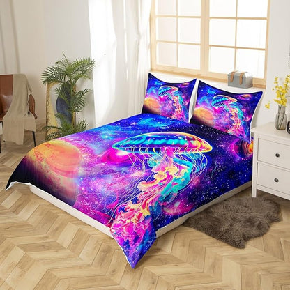 Purple Galaxy Duvet Cover Twin Size, Glowing Jellyfish and Starry Space Nebula Planets Print Bedding Set with 1 Pillowcase, Universe and Sea Creatures Theme Comforter Cover for Kids Teens