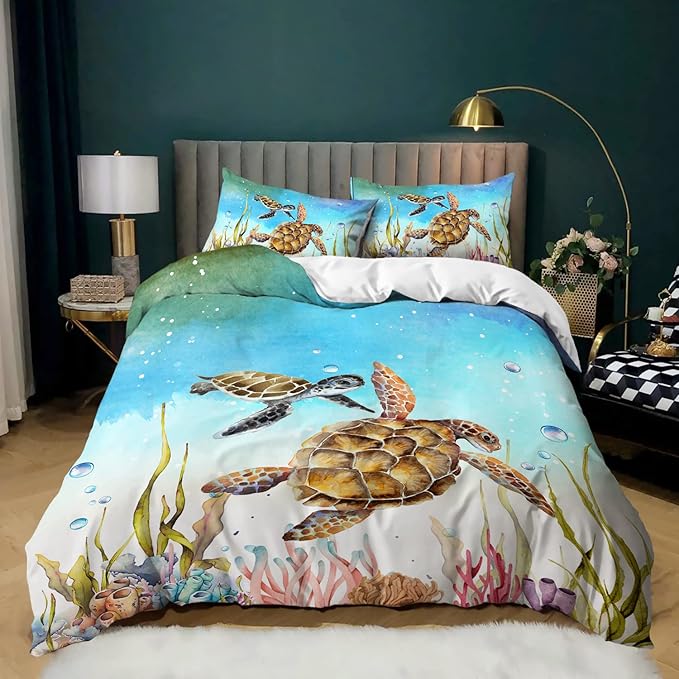 CVHOUSE Sea Turtle Bedding Twin 71'x87' Size,Ocean Sea Turtle Bedding Set for Kids Teens,Beach Tutle Comforter Cover Set Soft,1 Duvet Cover 2 Pillowcases 3 Piece,Ocean Decor