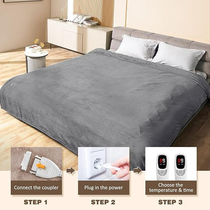 Electric Blanket King with Dual Control-100 x90 Soft Flannel Heating Blanket, 9 Heat Levels & 10 Hours Auto Off Heated Blanket, Fast Heating Electric Throw, Machine Washable- Grey