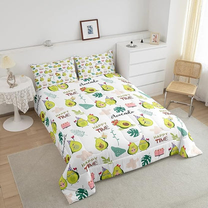Feelyou Avocado Comforter Set for Kids Boys Girls Green Yellow Avocado Kawaii Cute Bedding Set Queen Size Tropical Leaves Decor Lovely Fruit Soft All Seasons Quilt 2 Pillowcases Boys