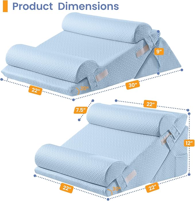 Sasttie Wedge Pillow Set for After Surgery, 3PCS Adjustable Bed Wedge Pillow Headboard with Memory Foam Neck Cushion – for Acid Reflux, Sleeping, Neck & Back Support, Blue
