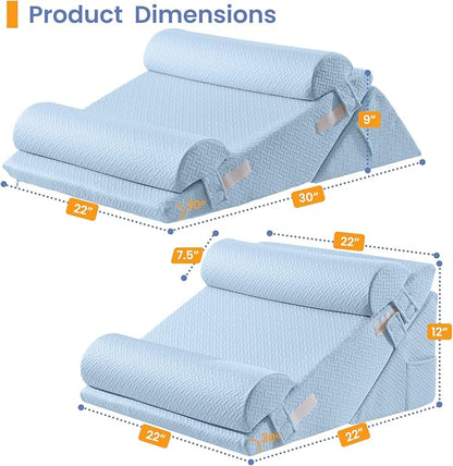 Sasttie Wedge Pillow Set for After Surgery, 3PCS Adjustable Bed Wedge Pillow Headboard with Memory Foam Neck Cushion – for Acid Reflux, Sleeping, Neck & Back Support, Blue
