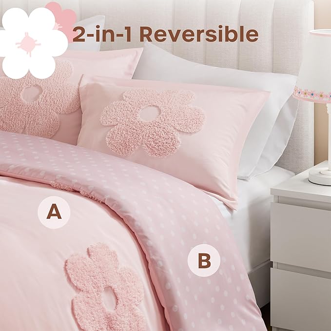 Intelligent Design Kids Queen Duvet Cover Set for Girls, Tufted Chenille Floral Duvet Set Queen, Lightweight Polka Dot Duvet Reversible Bedding Cover, Sham, Pillow, Gracie, Full/Queen Pink 3 Piece