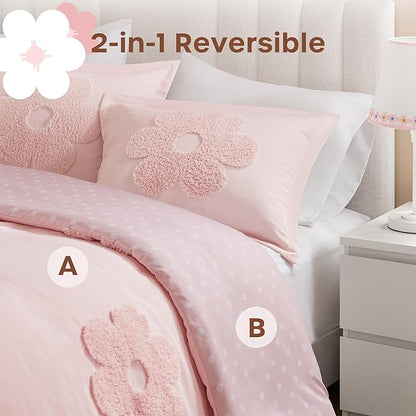 Intelligent Design Kids Queen Duvet Cover Set for Girls, Tufted Chenille Floral Duvet Set Queen, Lightweight Polka Dot Duvet Reversible Bedding Cover, Sham, Pillow, Gracie, Full/Queen Pink 3 Piece