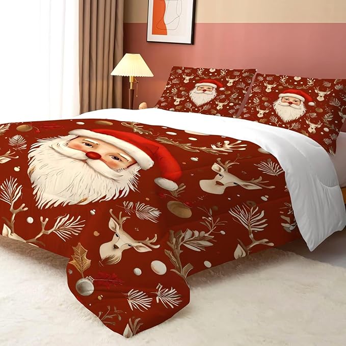Red Christmas Comforter Set King Size Santa Claus Bedding for Girls Teen Women Xmas Reindeer Holiday Bedroom Quilt Bed Sets, 1 Comforter 2 Pillowcases