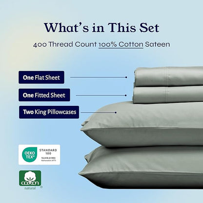 California Design Den 400 Thread Count, Natural 100% Cotton Sheets Sateen, Soft King Bed Sheets Set, Deep Pockets with All-Around Elastic for a Snug Fit, Durable Bedding Set - Sage Green