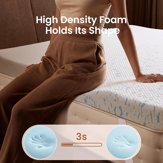 OhGeni Medium Feel Full Size Cooling Gel Memory Foam Mattress Topper Pad, Washable Bed Cover with Anti-Slip Base & Zipper,Fits 6"-19" Mattresses with Straps,Extra Comfort for Sleep &Back Pain Relief