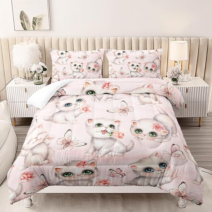 Kids Bedding Queen Cartoon Cat Comforter 3 Pieces Pink White Cat Butterflies Comforter Set for Teens Kids Boys Girls Adults Kawaii Flower Quilt with 1 Comforter and 2 Pillowcases