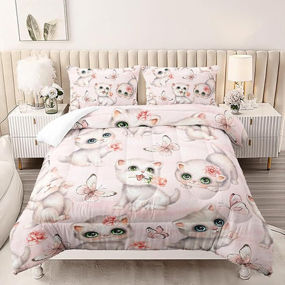 Kids Bedding Queen Cartoon Cat Comforter 3 Pieces Pink White Cat Butterflies Comforter Set for Teens Kids Boys Girls Adults Kawaii Flower Quilt with 1 Comforter and 2 Pillowcases
