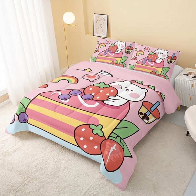 QOOMO Kawaii Bear Comforter Twin, Pink Set for Kids Teens Girls, 3Pcs Bedding With 2 Pillowcases, Down Alternative, Soft and Lightweight, Twin Size