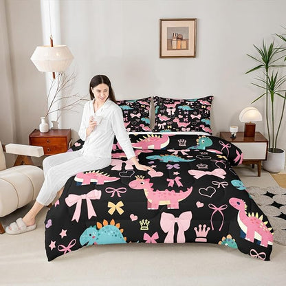 Cute Dino Kids Comforter Set Toddler Size,Kawaii Bowknot Heart Princess Style Reversible Quilt Set for Boys Bedroom Decor,Pink Black Dinosaur Cartoon Animal Duvet Insert,1 Pillowcase