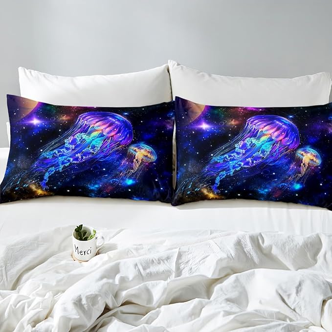 Jellyfish Galaxy Bedding Set Queen Size,Blue Nebula Spaceship Duvet Cover Set for Children Xmas Bedroom Present, Universe Stars Planets Soft Polyester Comforter Cover with 2 Pillowcases (No Comforter)