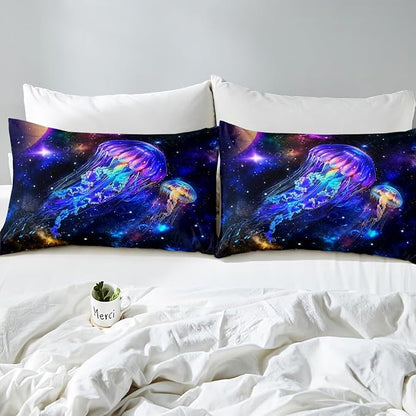 Jellyfish Galaxy Bedding Set Queen Size,Blue Nebula Spaceship Duvet Cover Set for Children Xmas Bedroom Present, Universe Stars Planets Soft Polyester Comforter Cover with 2 Pillowcases (No Comforter)