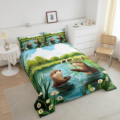 Cute Otter Bedding Sets Twin Size 2 Pcs Cartoon Pond Brown Wild Animal Comforter Set for Kids Boys Girls Teens Natural Green Plants Floral Rustic Style Comforter Duvet Set with 1 Pillowcase