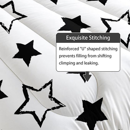 Axolotl Kids King Bedding Comforter Set,3Pcs Cute Black and White Stars Quilt Set for Kids,Geometric Stars Bedding with 1 Comforter 2 Pillowcases for Boys Girls Teens Adults Room Decor All Season