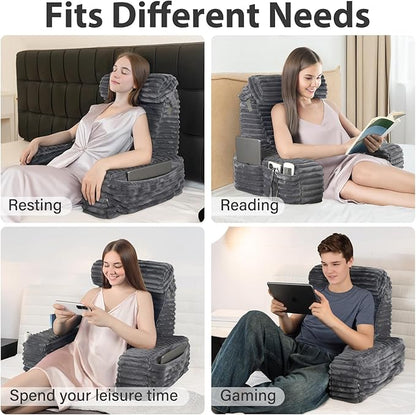 ENITYA 19” Back Pillow for Bed Sitting up, Built-in Armrests & Big Pockets, Back Support Chair Pillow for Sitting up/Watching TV/Reading/Gaming/Resting/Post Surgery/Nursing
