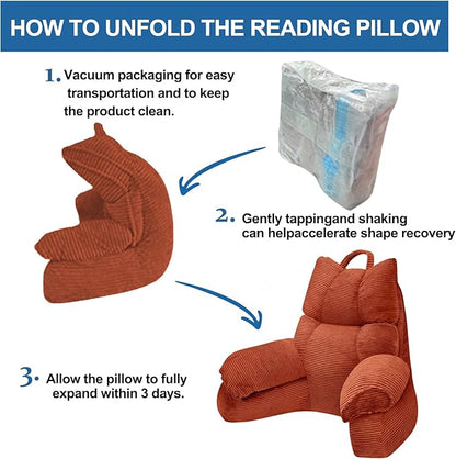 RRPAHWTV Reading Pillow for Bed with High Arm Rests,Back Support Pillow for Sitting Up in Bed with Shredded Memory Foam for Reading, TV, Gaming or Relaxing on Floor（Bright Orange，Large）