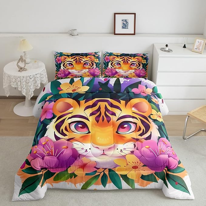 Cartoon Tiger Comforter Set Queen Size Tropical Blooming Flowers Bedding Set Kids Boys Girls Cute Animal Print All Season Quilt Set Watercolor Botanical Bedding Comforter Sets,3Pcs