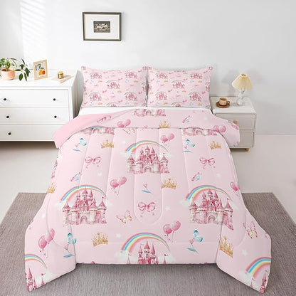jejeloiu Pink Castle Bedding Set Toddle Size Cute Rainbow Comforter Set for Kids Adult Boys Girls Butterfly Crown Duvet Set Balloon Quilt Set 2Pcs