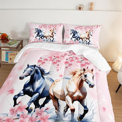 Horse Comforter Set Kids Bedding Full Size,Pink Cherry Blossom Bedding Set for Girls Boys Teens Bedroom Decor Aesthetic,Galloping Horse Bedding Comforter Sets with 2 Pillowcases.