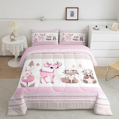 jejeloiu Cute Pink Deer Bedding Set Toddle Size Kawaii Forest Animal Comforter Set for Kids Girls Pink Flower Stripe Duvet Set Rabbit Quilt Set 2Pcs