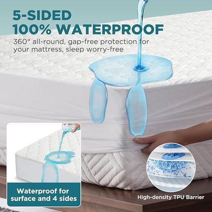 5-Sided Waterproof Mattress Protector, California King Size Quilted Bamboo Rayon Mattress Cover, Breathable Cooling Noiseless Bed Fitted Sheets, Soft Bedding Pad with Deep Pocket Up to 18"