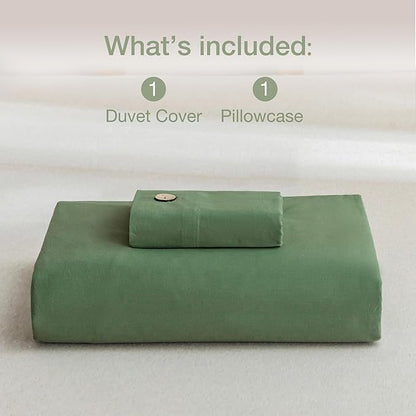 JELLYMONI Cotton Duvet Cover Twin Size - Green Comforter Cover with Button 100% Washed Cotton 2PCS Breathable Soft Solid Bedding Set Duvet Cover 68×90in & 1 Pillowcase (NO Comforter)