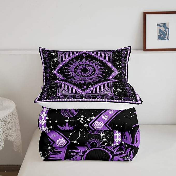 Castle Fairy Purple Sun Moon Comforter Set Mandala Bohemian Bedding Set for Kids Girls Women Adults Starry Sky Galaxy Comforter Psychedelic Quilted Duvet Set Bedroom Collection Twin Pink 2Pcs