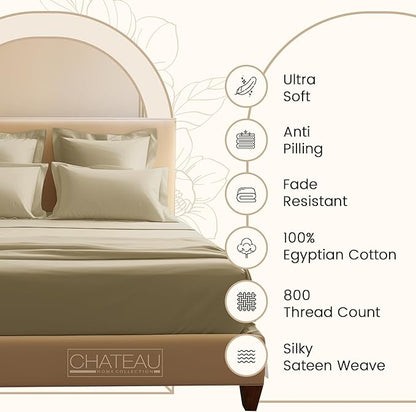 100% Egyptian Cotton Bed Sheets, Certified 800 Thread Count Deep Pocket Queen Sheets For Queen Size Bed Sheet & Pillowcase Sets, Soft & Comfy Naturally Cool Luxury Bedding, Fits upto 17"- Linen