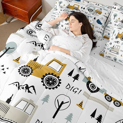 Feelyou Cartoon Car Kids Comforter Set with Sheets 7 Piece Full Size Construction Bedding Set Boys Decor Equipment Trucks Bed in a Bag Excavator Tractor White Yellow Bed Set Bedroom