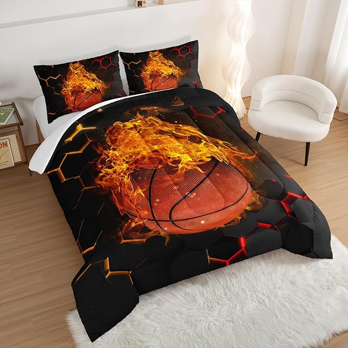 Basketball Bedding Set Queen Size,Black Honeycomb Background Comforter Flame Basketball Print Bedding Set for Boys Girls Bedroom Decor,Sports Themed Sets Comforter with 2 Pillowcases.