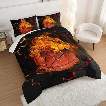 Basketball Bedding Set King Size,Black Honeycomb Background Comforter Flame Basketball Print Bedding Set for Boys Girls Bedroom Decor,Sports Themed Sets Comforter with 2 Pillowcases.