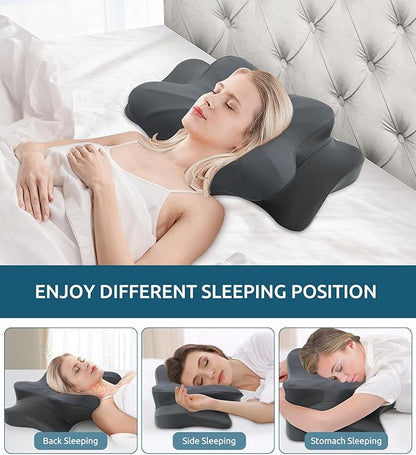 Cervical Pillow for Neck and Shoulder, Ergonomic Contour Memory Foam Pillows for Sleeping, Cooling Neck Support Pillow for Side Back Stomach Sleeper Standard Size Deep Grey