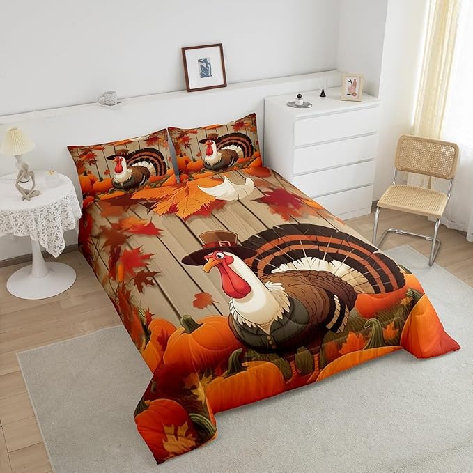 Feelyou Turkey Bedding Set Toddler Size Soft Thanksgiving Harvest Season Fruit Decor Comforter Set for Kids Boys Girls Decor Fall Pumpkin Comforter Microfiber Gamboge Duvet Set
