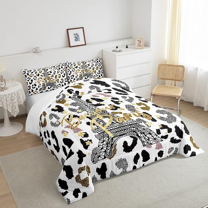 Feelyou Eiffel Tower Comforter Set Leopard Print Bedding Set for Kids Boys Girls Paris Tower Comforter Cheetah Print Quilt Set 1 Comforter Set with 2 Pillowcases Full Size
