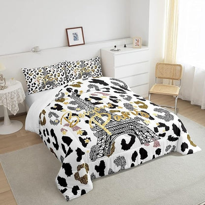 Feelyou Eiffel Tower Comforter Set Leopard Print Bedding Set for Kids Boys Girls Paris Tower Comforter Cheetah Print Quilt Set 1 Comforter Set with 2 Pillowcases Queen Size
