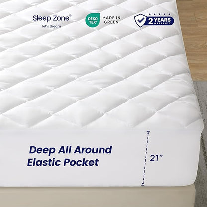 SLEEP ZONE Twin XL Mattress Pad, Breathable and Noiseless Mattress Cover, Quilted Fitted Mattress Protector with Deep Pocket, Machine Washable Mattress Topper (White, Twin XL)