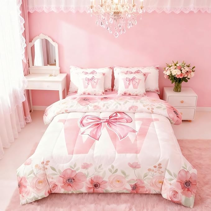 Erosebridal Pink Bow Tie Bowknot Bed in A Bag, Initial Letter W Bedding Sets, Romantic Flower Floral Comforter Set with Sheets for Kids Girls Dreamy Princess Style Bed Set Bedroom Decor Twin Size