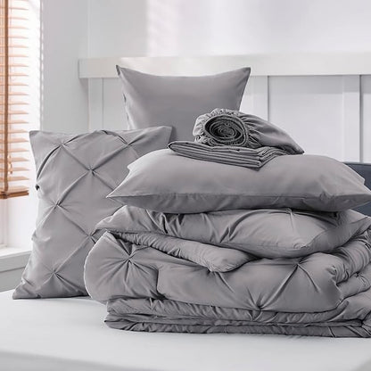 Bedsure Twin Comforter Set Grey - Bed in a Bag Twin Size Bedding 5 Pieces, GentleSoft™ Pintuck Bed Set Gift for Family, Pinch Pleat Grey Comforter with Sheets, Pillowcase & Sham