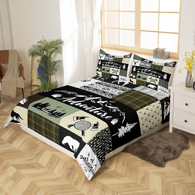 Rustic Farmhouse Bedding Set King Size for Teens,Bear Deer Wolf Wild Animals Patchwork Comforter Cover with 2 Pillowcases,Cabin Decor Exotic Aztec Boho Duvet Cover Set Microfiber Quilt Cover
