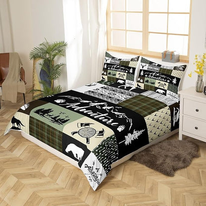 Castle Fairy Deer Antlers Bedding Set Twin Size,Bear Pine Arrow Hunting Adventure Comforter Cover Set for Kids Girls,Camper Retro Green Plaid Checkered Bedding Quilt Cover Set Bedroom Decor, 2 Pcs