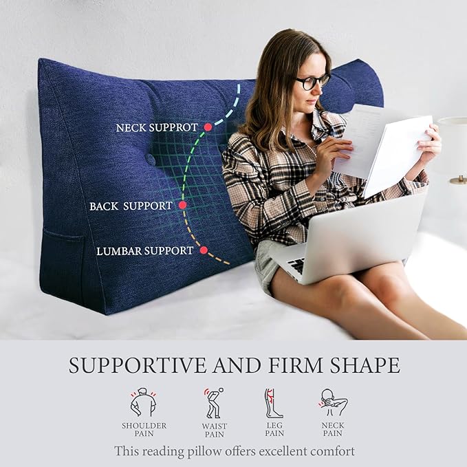 Headboard Pillow Wedge Twin Size Large Bolster Pillow for Bed Triangle Reading Pillow Back Support Pillow for Sitting Up in Bed XXL Couch Daybed Rest Backrest Cushion Linen Blue