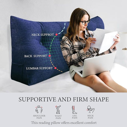 Headboard Pillow Wedge King Size Large Bolster Pillow for Bed Triangle Reading Pillow Back Support Pillow for Sitting Up in Bed XXL Couch Daybed Bed Rest Backrest Cushion Linen Blue