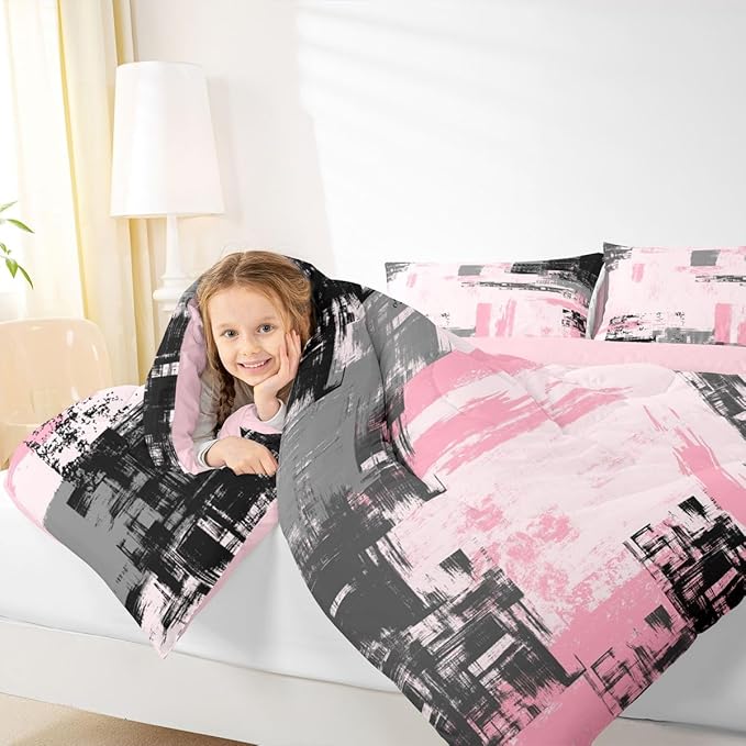 Feelyou Abstract Bedding Set Kids Modern Abstract Art Comforter Set Pink Black Comforter for Boys Room Decor Lightweight Retro Duvet Set King Size with 2 Pillow Case