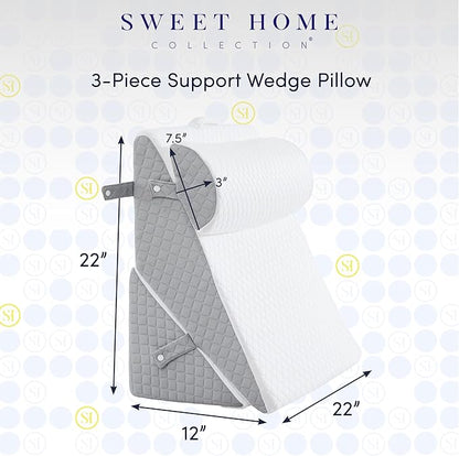 Orthopedic Wedge Pillow Set for Leg, Back, & Knee Support - CertiPUR Memory Foam Wedge Pillows with Washable Covers for Post Surgery & Pain Relief - Adjustable Bed & Body Positioning Cushions, 3 Piece