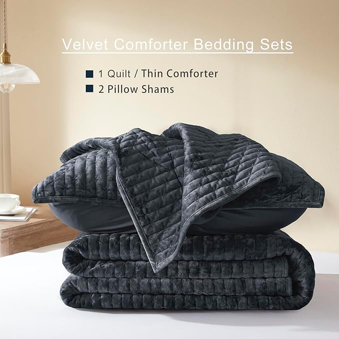 LEAONME Velvet Quilt King Size 98''x106'', Lightweight Navy Blue Velvet Comforter Set with 2 Matching Shams, Soft Cross Stitch Bedspread Coverlet Bedding Set for All Season