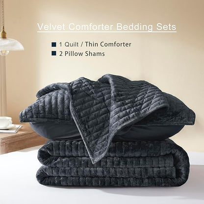 LEAONME Oversized King Quilt 120''x120'', Lightweight Navy Blue Velvet Comforter Set with 2 Matching Shams, Soft Cross Stitch Bedspread Coverlet, Oversized King Bedding Set for All Season
