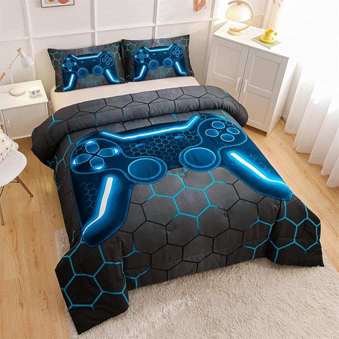 NTBED Game Console Comforter Set for Boys Girls Kids 3D Gaming Lightweight Microfiber Gamer Bedding Sets (Blue, Twin)